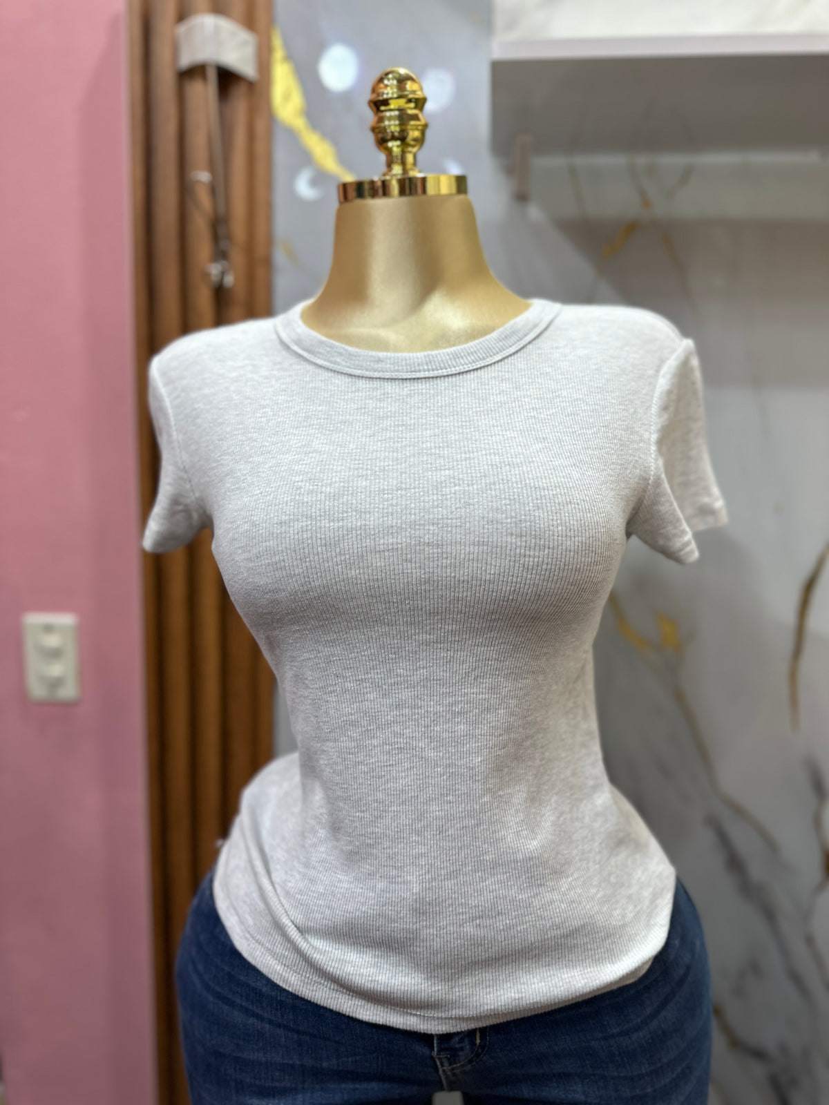 Blusa gris OLD NAVI de manga corta y de cuello redondo