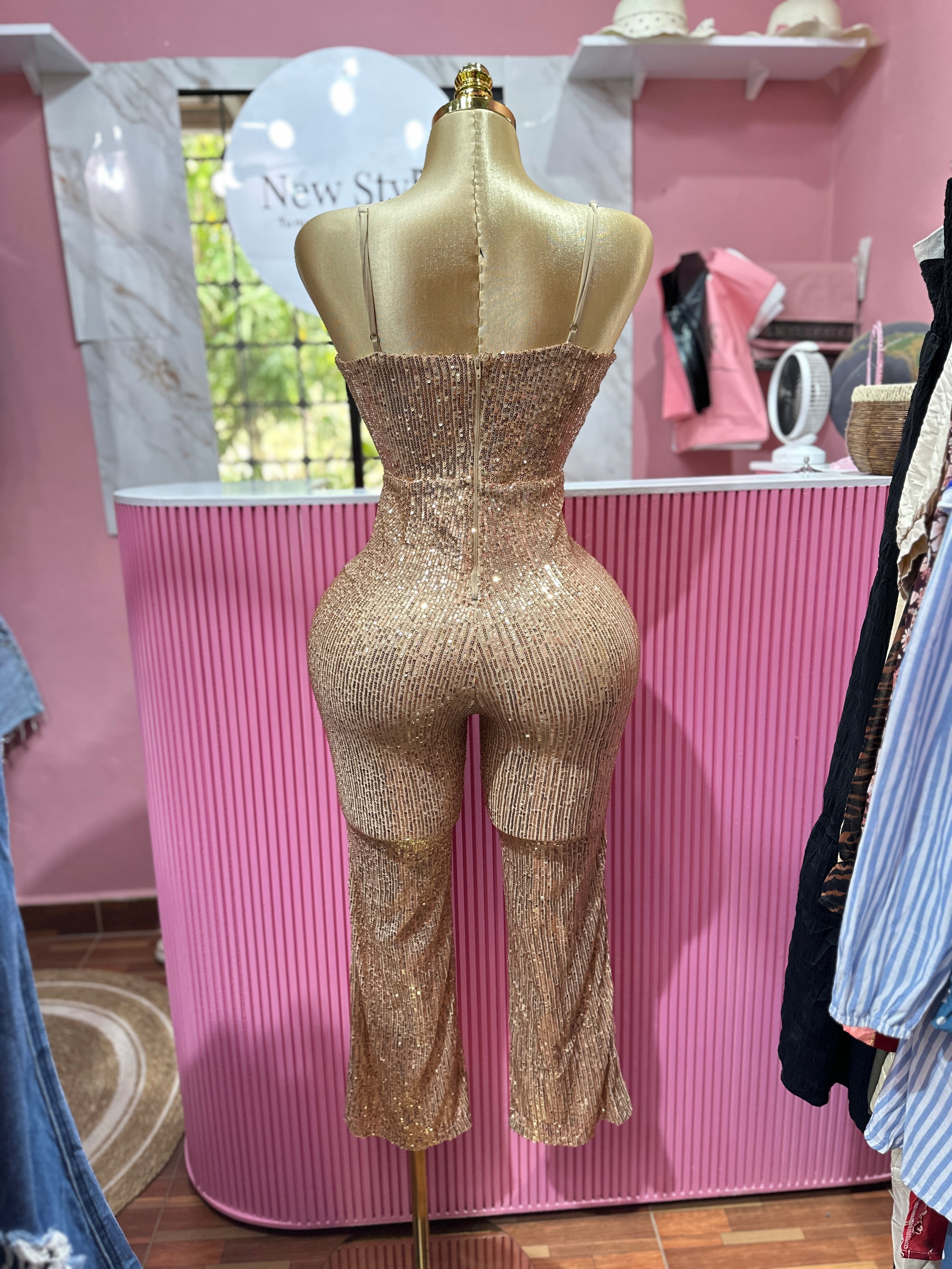 Jumpsuits ajustado de lentejuelas brillantes color champán