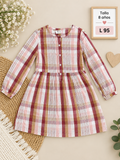 Vestido camisero para niña de manga larga con un lindo estampado a cuadros