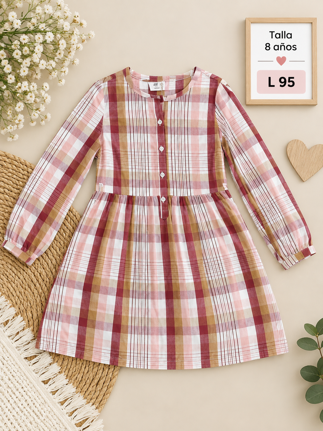 Vestido camisero para niña de manga larga con un lindo estampado a cuadros