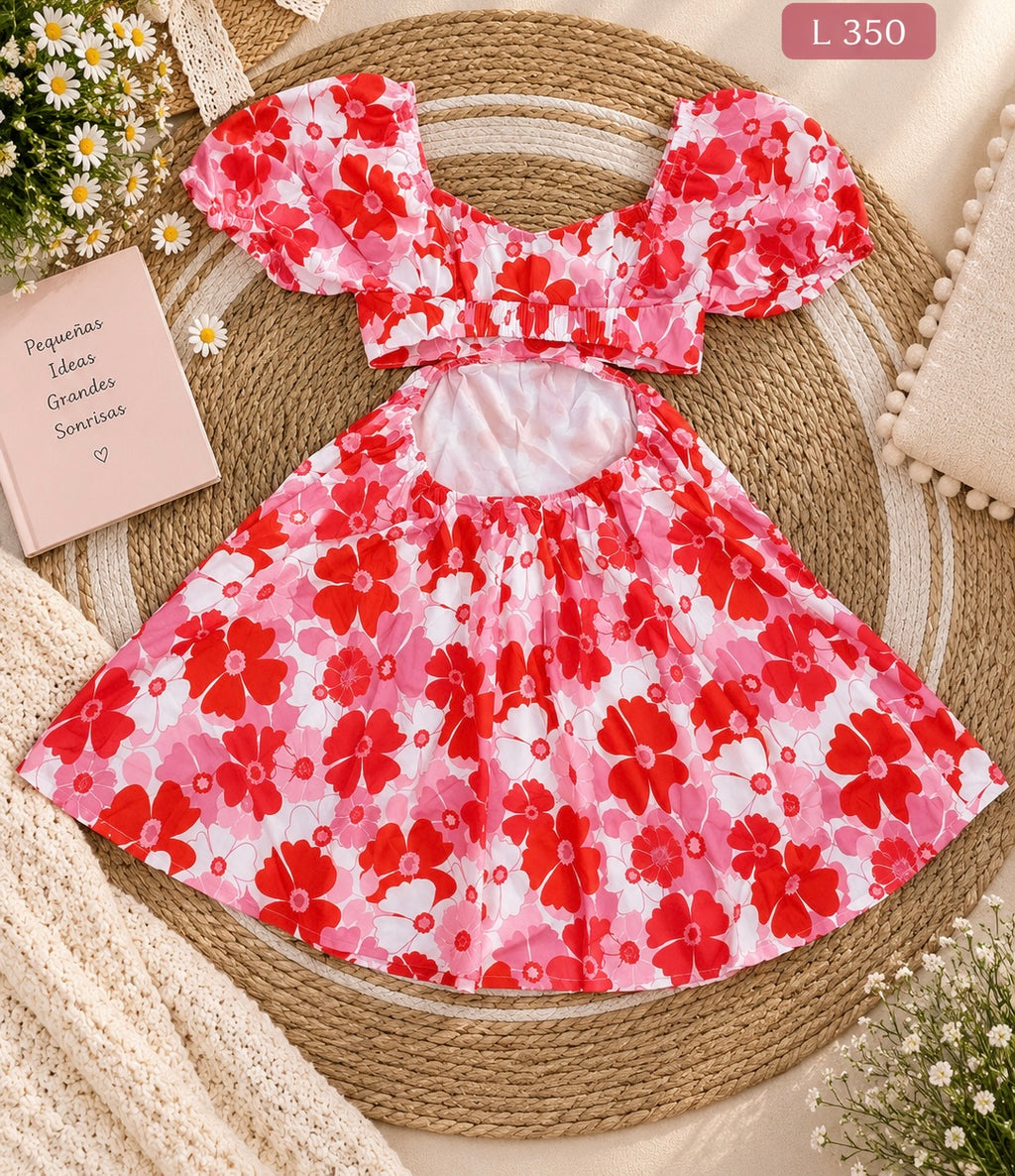 Vestido corto para niña con estampado floral rojo y rosado de mangas abullonadas