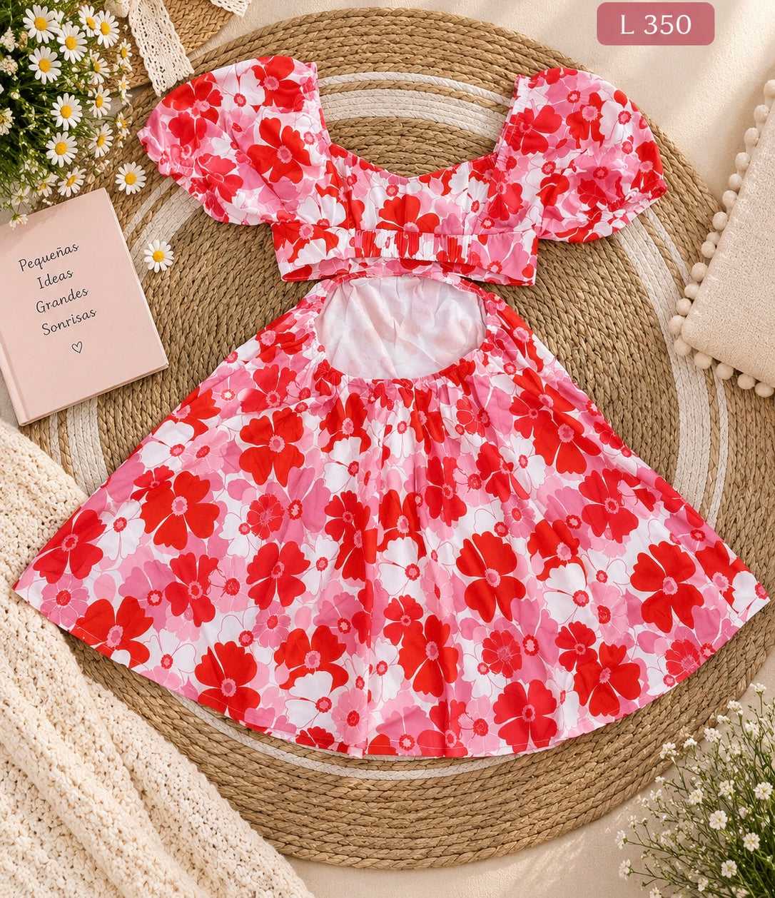 Vestido corto para niña con estampado floral rojo y rosado de mangas abullonadas
