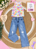 Conjunto para niña, blusa blanca sin mangas con estampado floral y jeans de mezclilla azul claro
