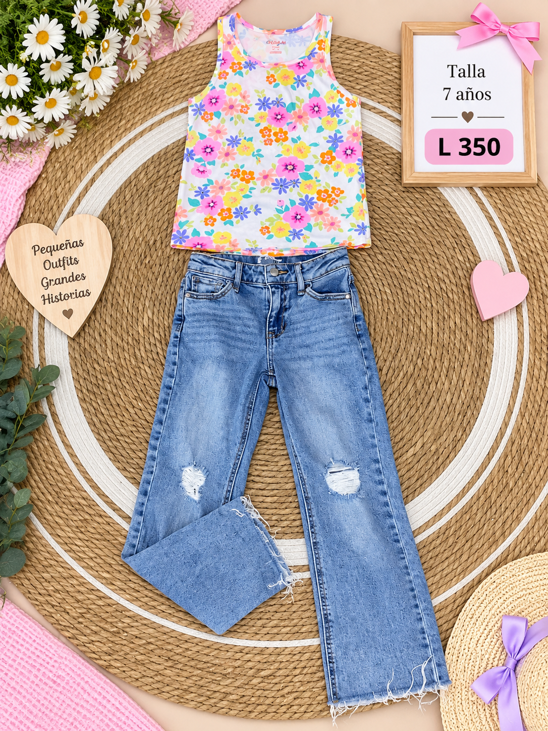 Conjunto para niña, blusa blanca sin mangas con estampado floral y jeans de mezclilla azul claro