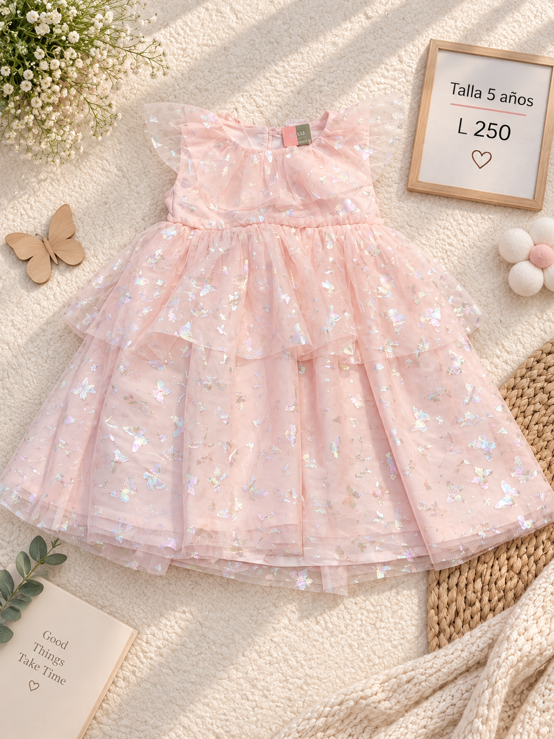 Vestido para niña Rosa de tul con capas escalonadas