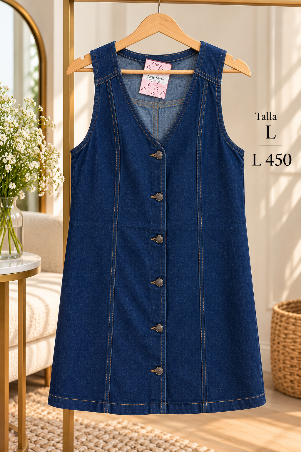 Vestido de mezclilla azul oscuro con botones metálicos al frente y sin mangas