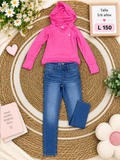 Conjunto de niña, suéter rosa con capucha y un Jean azul
