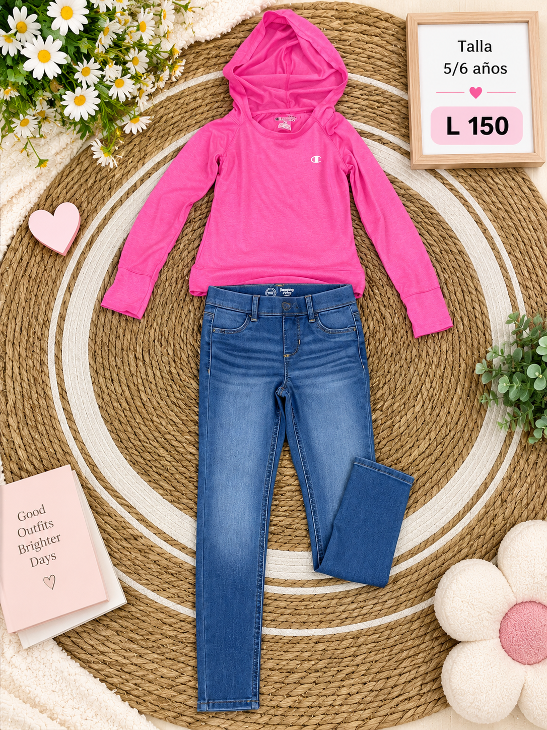 Conjunto de niña, suéter rosa con capucha y un Jean azul