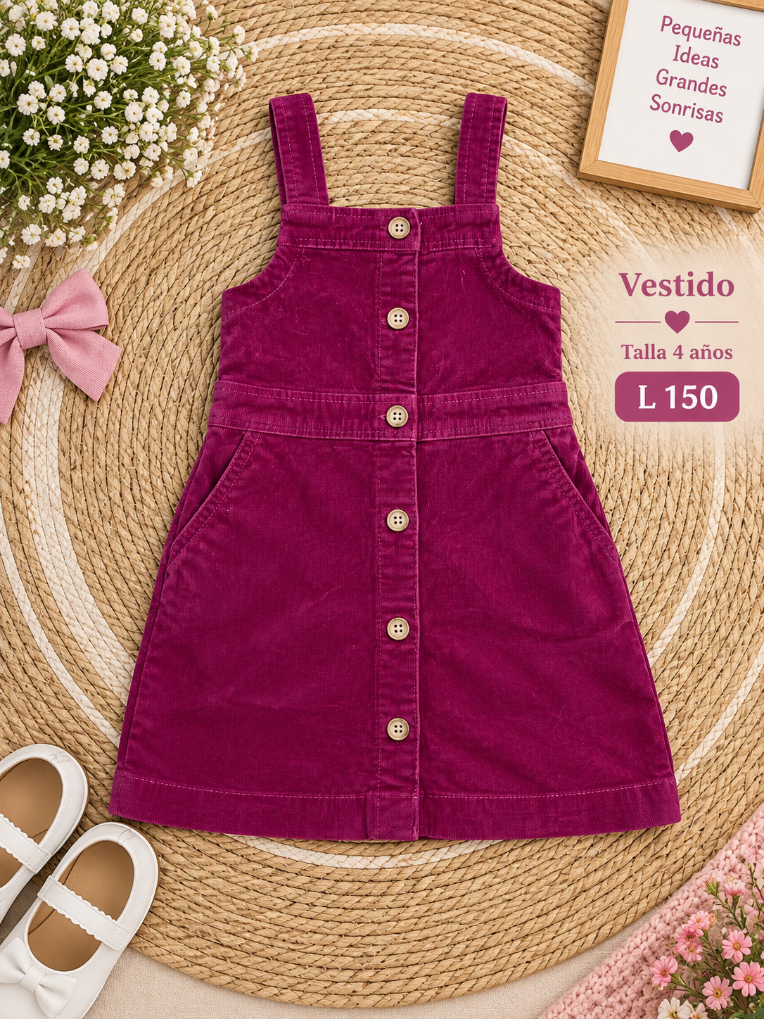 Vestido para niña en color vino con diseño de botones frontales