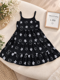 Vestido para niña de tirantes color negro con estampado de hello kitty y flores