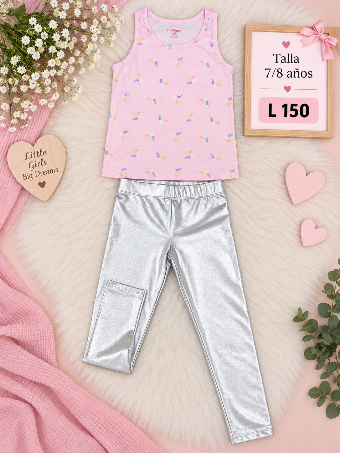 Conjunto de niña, camisa sin mangas color rosado con estampado y pantalón plateado con acabado metálico