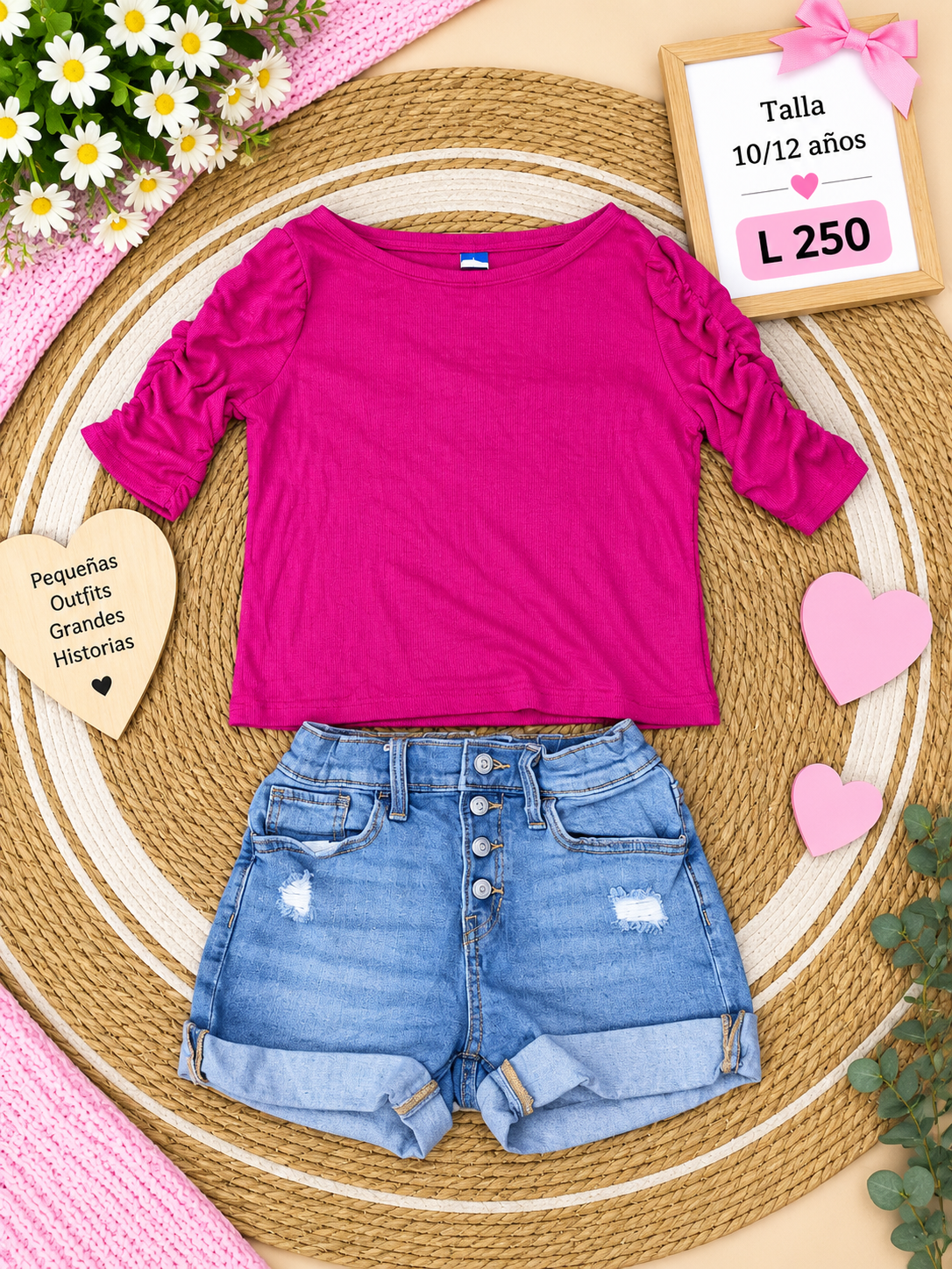Conjunto para niña, blusa fucsia de mangas fruncidas y unos short Jean con dobladillo