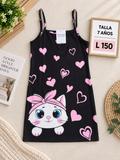 Tierno vestido negro de tirantes para niña con estampado de gatito y corazones rosa