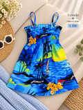 Vestido para niña de tirantes con un corpiño fruncido y un colorido estampado tropical