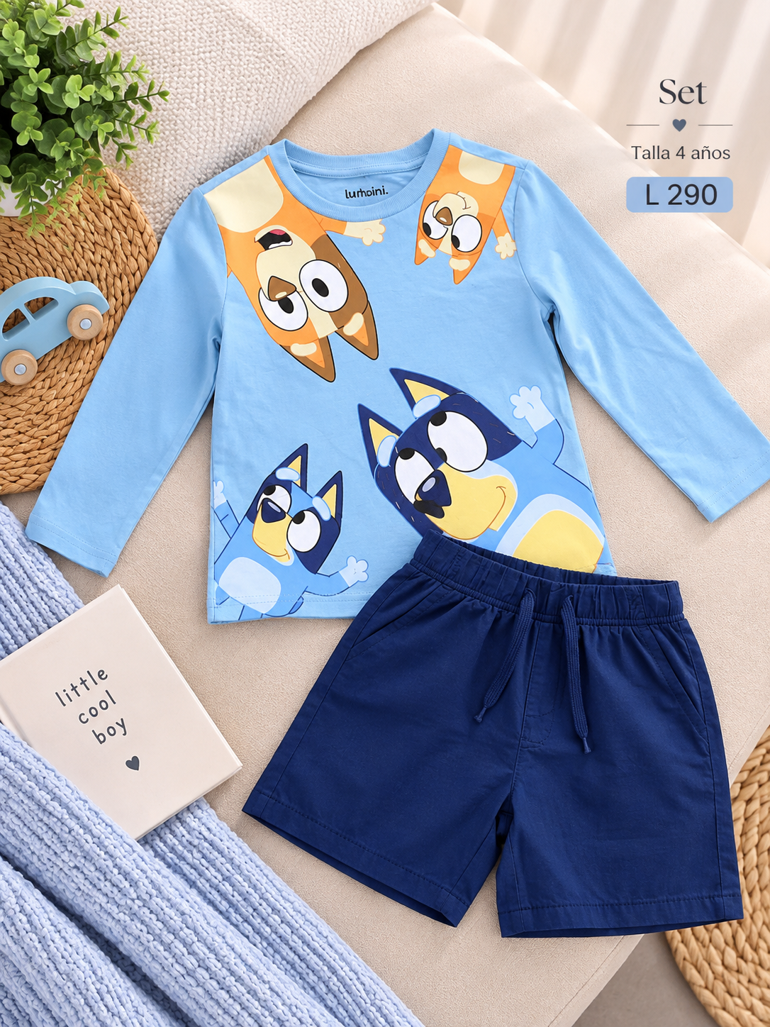Conjunto para niño, de manga larga con diseño de bluey y short azul oscuro